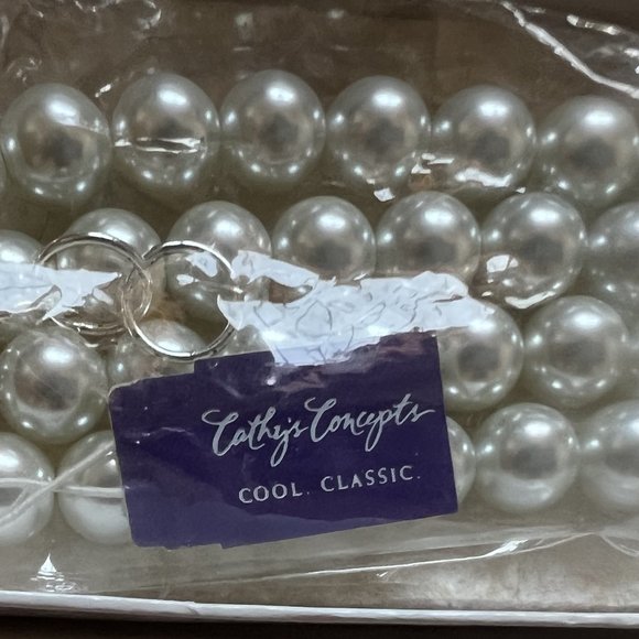 Cathy's Concepts Faux Double Strand Pearl Necklace Silver White Choker 16" - Picture 1 of 10